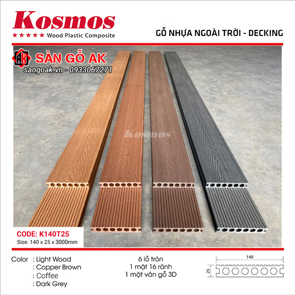 Sàn gỗ nhựa ngoài trời Kosmos lỗ tròn K140T25X3M Light Wood